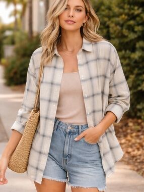 Not Monday Plaid Button Down Shirt Size Large 100% Cotton Neutral Oversized